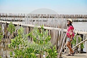 Thai women standing alone on the walkway bridge in Mangrove forest