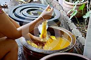 Thai women tie batik dyeing yellow natural color made from turmeric plant