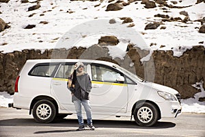 Thai women travel visit and portrait posing for take photo Gurudwara Pathar Sahib in Sikkim temple on Srinagar highway at Leh