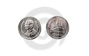 Thailand 2 baht coin currency thai consist of front and back side on perfectly isolated white background