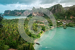 Thailand Aerial view of tropical island, blue lagoon, rocks and palms, Railay beach, Krabi