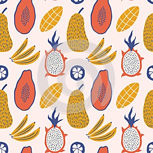 Thailand asian fruits childish cartoon groovy doodle boho illustration naive funky handdrawn style art seamless pattern