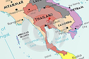 Thailand, Bangkok - capital city, pinned on political map