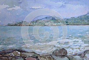 Thailand blue coast in summer, watercolor illustration