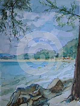 Thailand blue coast in summer, watercolor illustration