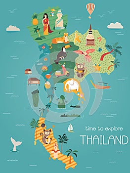 Thailand cartoon map with destinations. elements