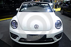 Thailand - Dec , 2018 : close up front view Volkswagen Beetle white color presented in motor expo Nonthaburi Thailand