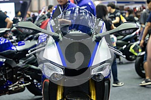 Thailand - Dec , 2018 : close up front view of Yamaha R1M motorbike presented in motor expo Nonthaburi Thailand