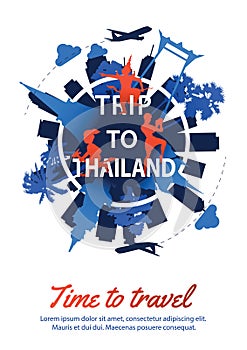 Thailand famous landmark silhouette style around text,national flag color red and blue design,travel and tourism