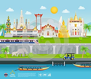 Thailand famous landmarks travel banner beautiful places flat style background
