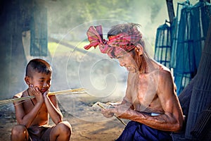 Thailand Father and son are working hand made Basket bamboo or f