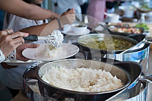Thailand food buffet,people group catering buffet food indoor