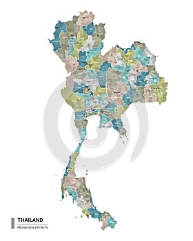 Thailand higt detailed map with subdivisions. Administrative map of Thailand with districts and cities name, colored by states and