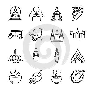 Thailand icon set. Included the icons as Thai greeting, temple, boxing, pagoda, Buddha statue, tom yum kung and more.