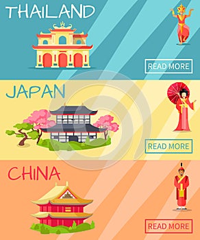 Thailand, Japan and China Types of Houses Banner