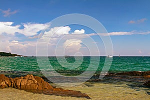 Thailand Koh Samet Rocky Beach Boats and Clouds