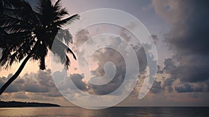 Thailand Koh Samui, Palm Tree Sunset with Dramatic Clouds Over the Horizon and Ocean, Sea and Sky Ba