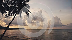 Thailand Koh Samui, Palm Tree Sunset with Dramatic Clouds Over the Horizon and Ocean, Sea and Sky Ba