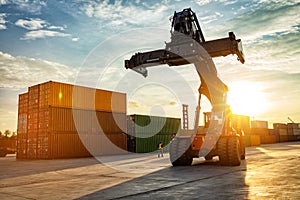 Thailand Laem Chabang Chonburi Industrial logistic forklift truck containers shipping cargo in port at sunset time.