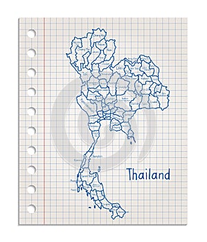 Thailand map on a realistic squared sheet of paper torn from a block