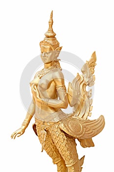 Thailand in mythic animal statues of Golden kinnaree isolated.