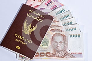 Thailand passport isolated on white background with thai bath mo