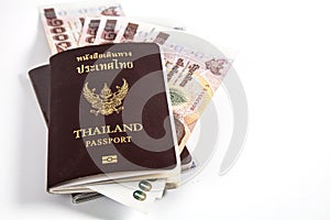 Thailand passport with Thai money and free right space