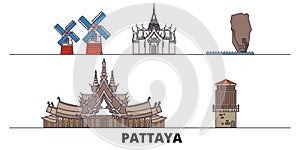 Thailand, Pattaya flat landmarks vector illustration. Thailand, Pattaya line city with famous travel sights, skyline