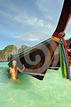 Thailand. Phi Phi Leh island. Girl at Maya bay photo