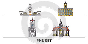 Thailand, Phuket flat landmarks vector illustration. Thailand, Phuket line city with famous travel sights, skyline