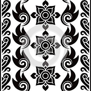 Thailand\'s folk art vector seamless vertcial pattern with flowers and swirls, Thai traditional in black on white background