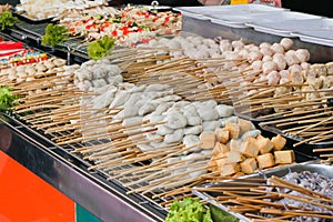 Thailand street food. Many type of meatball in the market sold on street food thailand