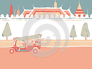 Thailand tourism landscape, auto rickshaw or tuk tuk passing The grand temple palace