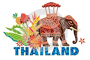 Thailand tourist sticker. Decorative elephant stylized flowers