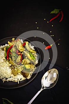 Thailand traditional cuisine, Green curry, Chicken curry, rice, street food, spicy curry