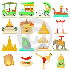 Thailand travel icons set, cartoon style