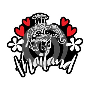 Thailand travel landmark. Hand drawn vector illustration of an Indian elephant with a hat, flowers and hearts.