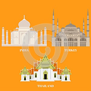 Thailand, Turkey and India travel icons. Country sightseeing symbols, Eastern and Asian landmarks. Flat architecture