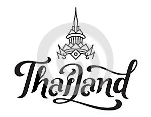 Thailand typography in calligraphy style brush with oriental crown line art.