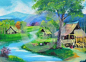 Thailand upcountry view oil painting on canvas