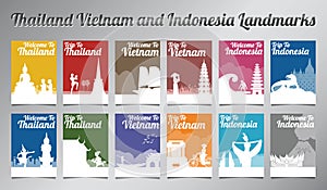 Thailand Vietnam and Indonesia famous landmark and symbol in silhouette design with multi color style brochure set