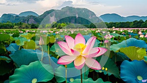 Thailands national park provides backdrop for blooming pink lotus flower