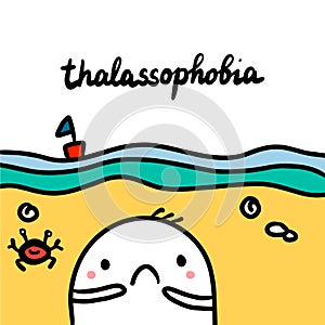 Thalassophobia hand drawn illustration with cute marshmallow on the beach