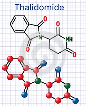 Thalidomide molecule. Is used as a treatment of multiple myeloma and of leprosy. Structural chemical formula and molecule model photo