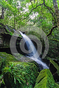 Tham yai waterfall, a beautiful waterfall in a forest filled with green trees at Phu Kradung National Park in the rainy season,