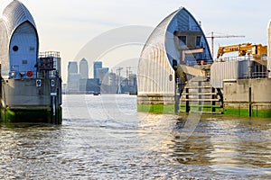 Thames Barrier with Canary Wharf in the background