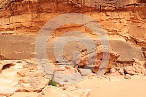 Thamudic and Nabataean petroglyphs and inscriptions on mountain in Wadi Rum desert, Jordan