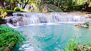 Than sawan Waterfall, Paradise waterfall in Tropical rain forest of Thailand , water fall in deep forest at border of Chaing rai a