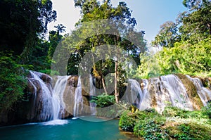 Than sawan Waterfall, Paradise waterfall in Tropical rain forest of Thailand , water fall in deep forest at border of Chaing rai a