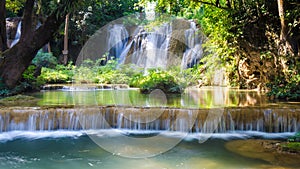 Than sawan Waterfall, Paradise waterfall in Tropical rain forest of Thailand , water fall in deep forest at border of Chaing rai a